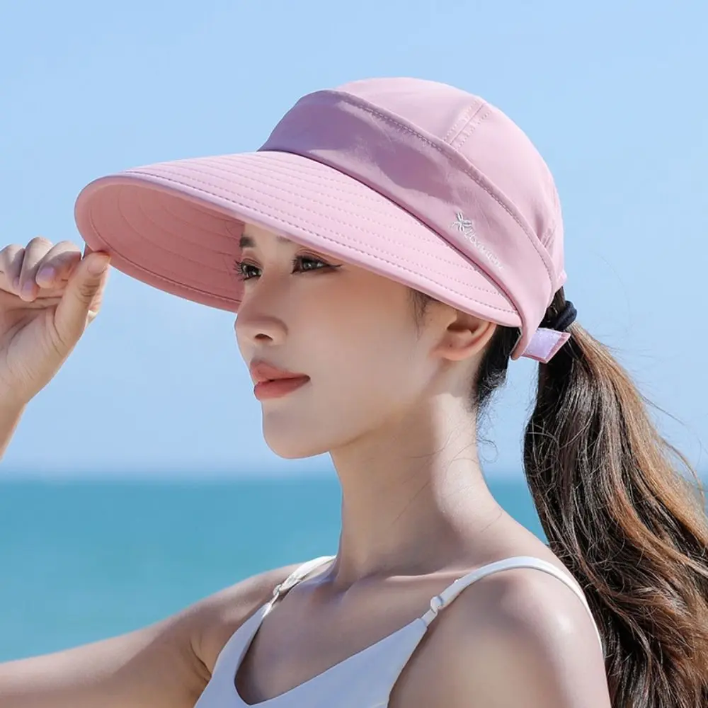 Women Summer Sun Hat Casual Foldable Wide Brim Detachable Empty Top Ponytail Cap Adjustable UV Protection Sun Hat Cycling Caps