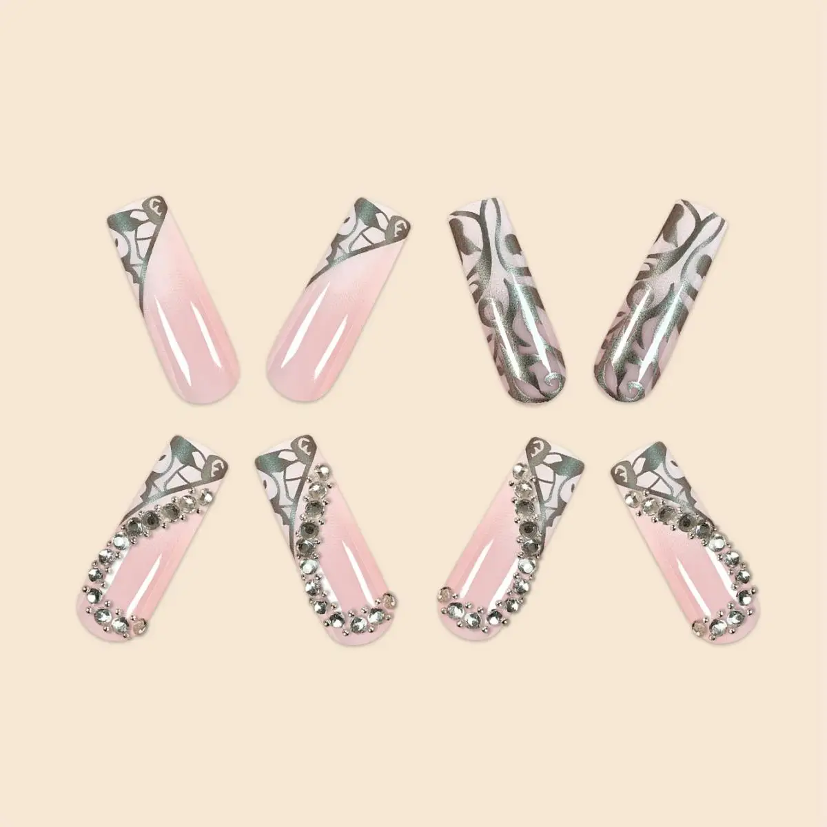 Luxury Fashion Ladies Super Long Square French Silver Vine Patchwork Diamond Heart Decoration Full Coverage Wearable Fake Nail
