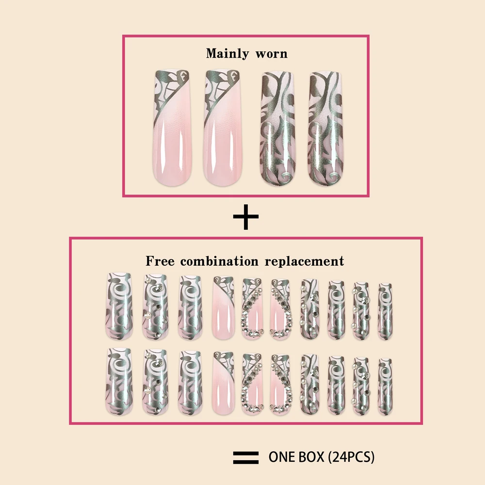 Luxury Fashion Ladies Super Long Square French Silver Vine Patchwork Diamond Heart Decoration Full Coverage Wearable Fake Nail