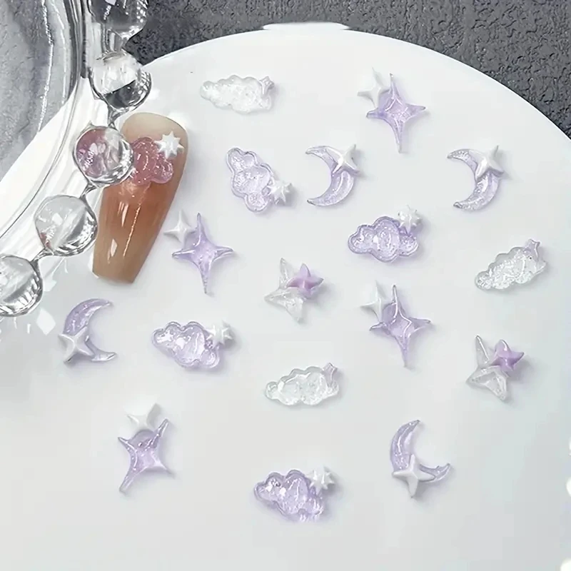 50pcs Purple Mixed 3D Moon Cloud Star Nail Charms Bulk Kawaii Lumionus Mini Ice Cloud Nail Art Decorat Accessories DIY Supplies