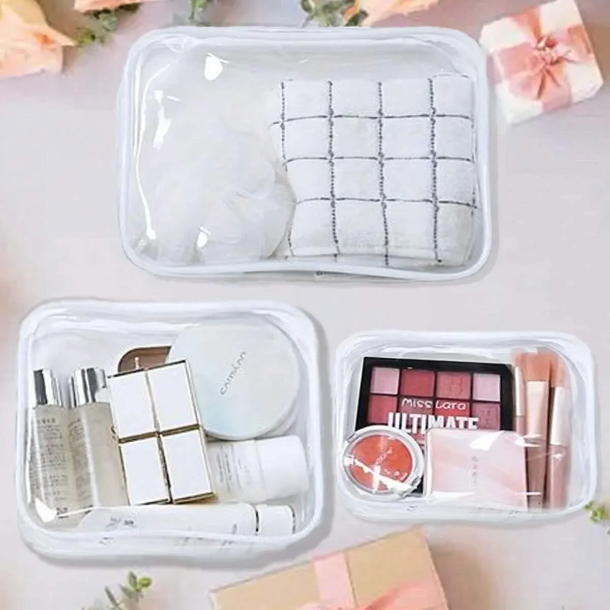 Clear Toiletry Bag,Portable Travel Makeup Bags With Zipper Clear Organizer Bags PVC Cosmetic Pouch For Airport Airline Compliant