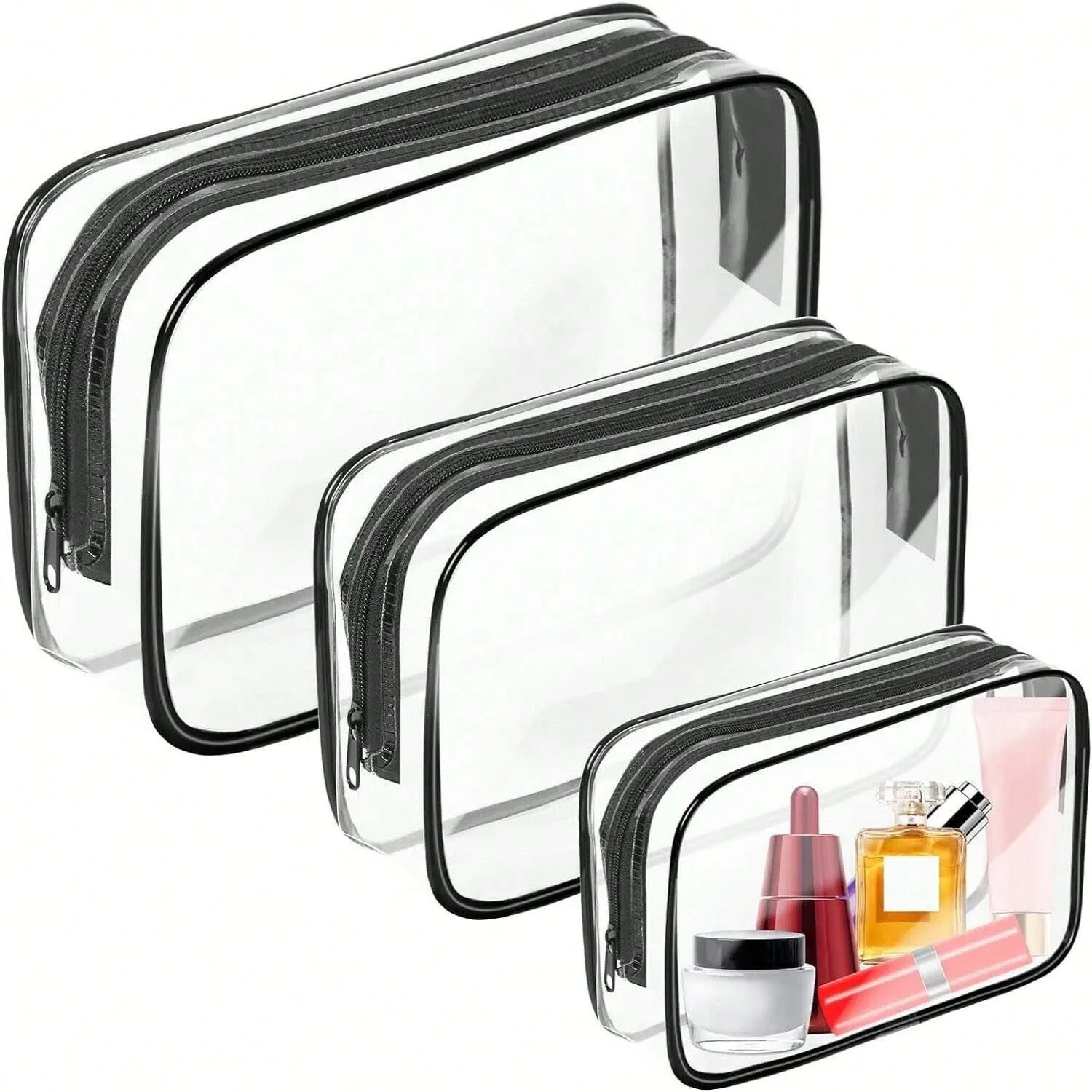 Clear Toiletry Bag,Portable Travel Makeup Bags With Zipper Clear Organizer Bags PVC Cosmetic Pouch For Airport Airline Compliant