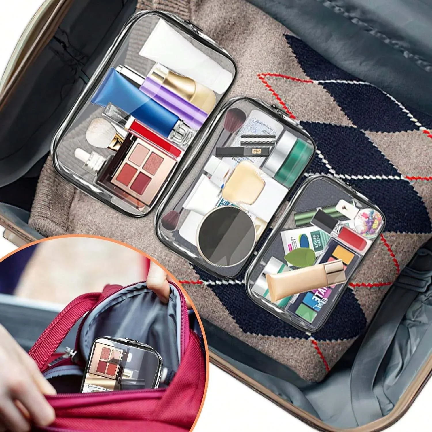 Clear Toiletry Bag,Portable Travel Makeup Bags With Zipper Clear Organizer Bags PVC Cosmetic Pouch For Airport Airline Compliant