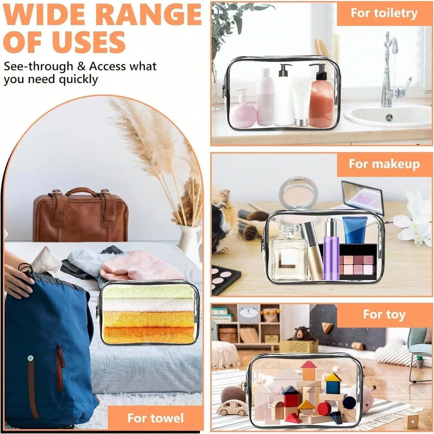 Clear Toiletry Bag,Portable Travel Makeup Bags With Zipper Clear Organizer Bags PVC Cosmetic Pouch For Airport Airline Compliant