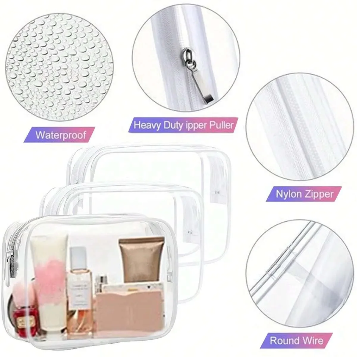 Clear Toiletry Bag,Portable Travel Makeup Bags With Zipper Clear Organizer Bags PVC Cosmetic Pouch For Airport Airline Compliant
