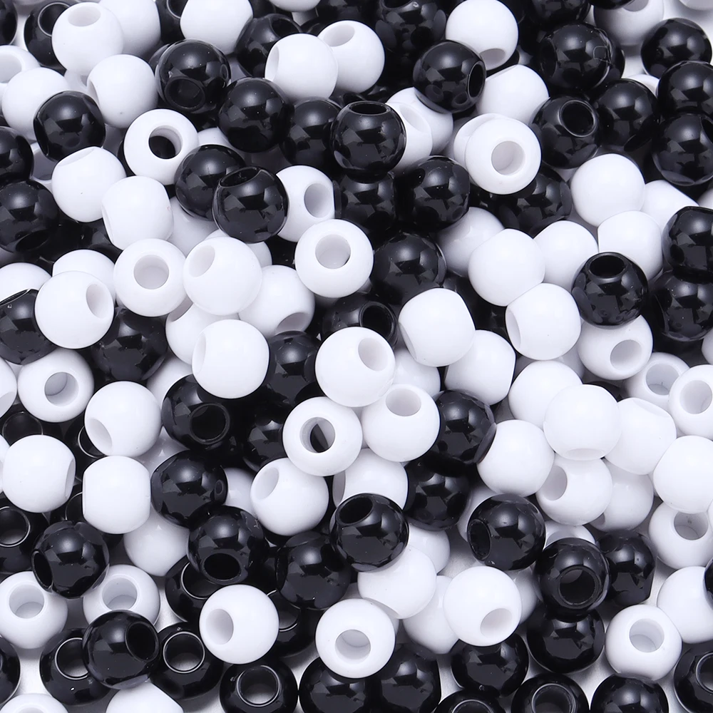6/8/10/12/14/16mm Acrylic Beads Black White Solid Color Large Hole Loose Round Beads for DIY Bracelet Necklace Jewelry Making