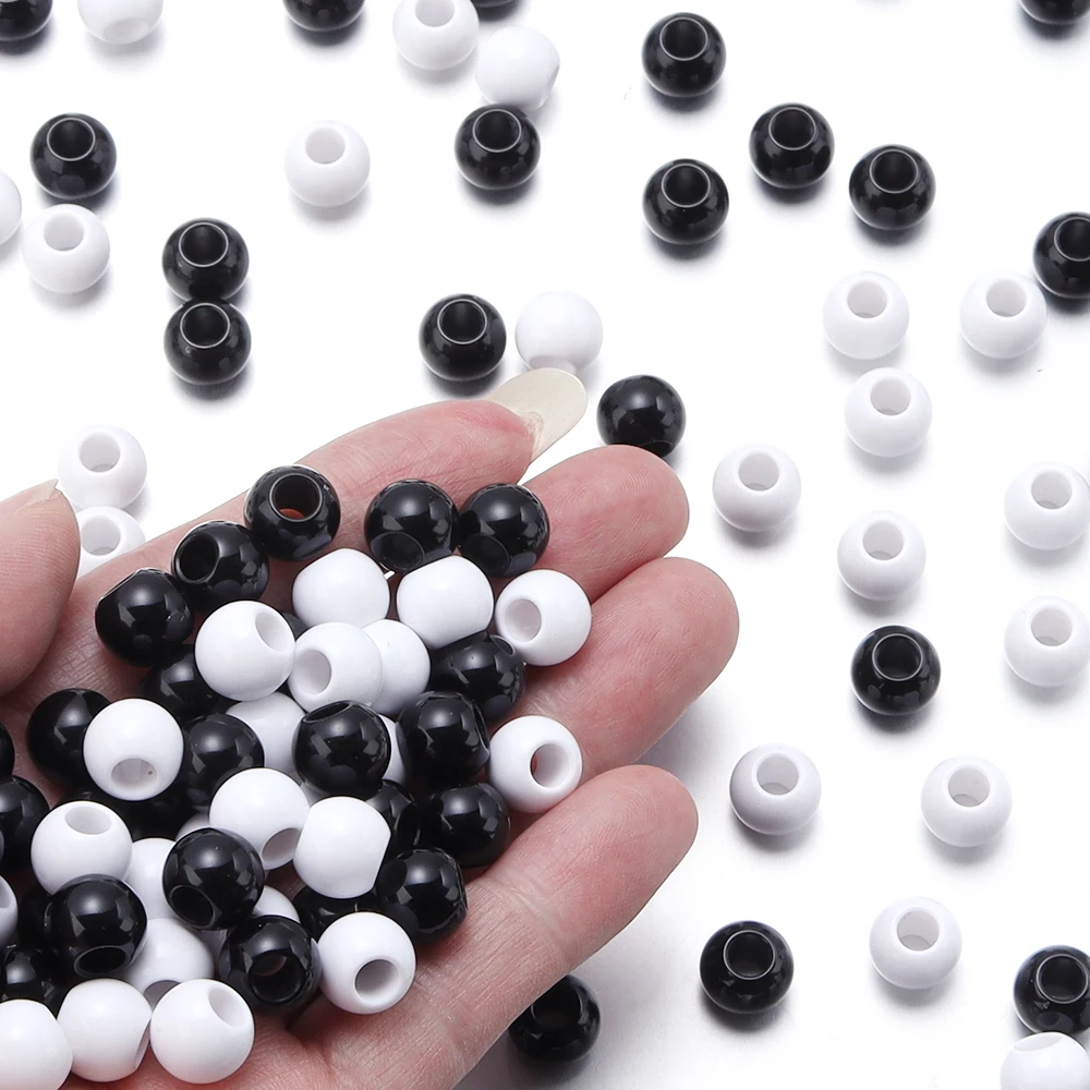 6/8/10/12/14/16mm Acrylic Beads Black White Solid Color Large Hole Loose Round Beads for DIY Bracelet Necklace Jewelry Making