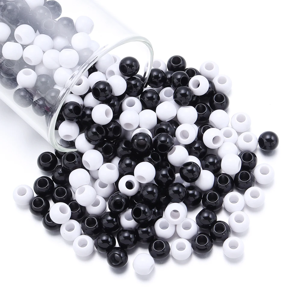 6/8/10/12/14/16mm Acrylic Beads Black White Solid Color Large Hole Loose Round Beads for DIY Bracelet Necklace Jewelry Making