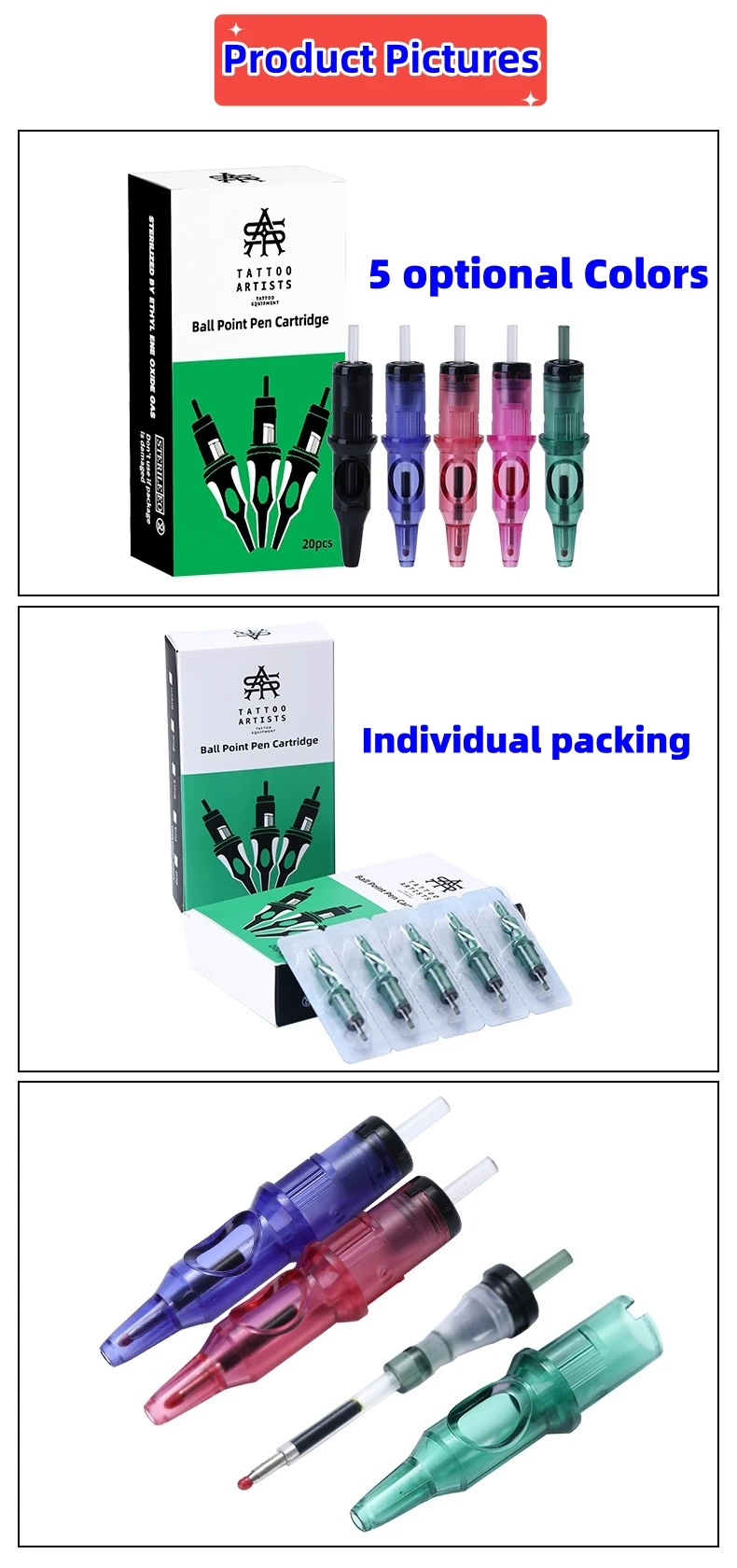 New Ball Point Pen Tattoo Cartridge Needles 5 Colors Practice Needles Drawing For Motor Tattoo Pen Grip Cartridge Supplies