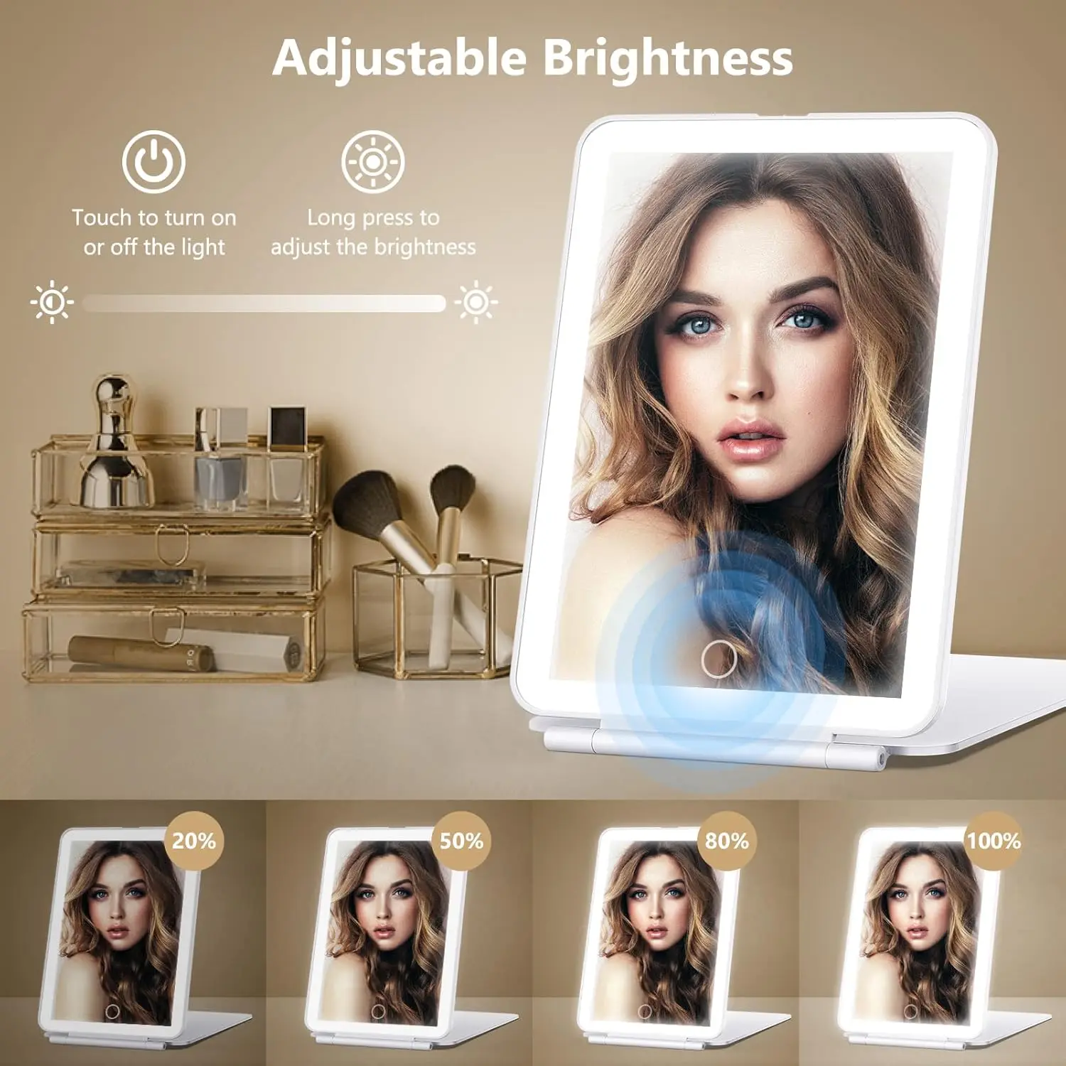 LED Foldable Travel Makeup Mirror 3 Colors Light Modes USB Rechargeable Touch Screen Portable Tabletop Cosmetic Mirror Handheld