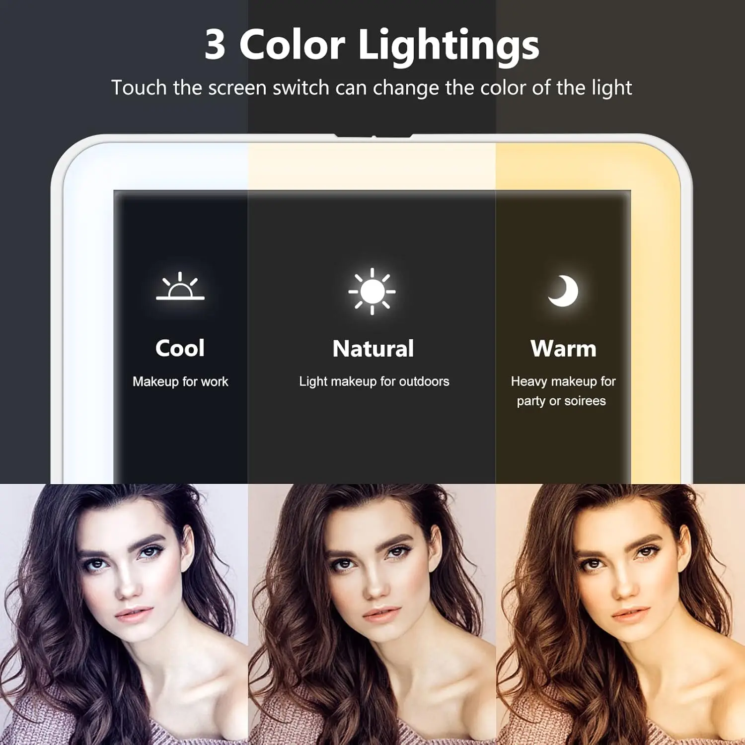 LED Foldable Travel Makeup Mirror 3 Colors Light Modes USB Rechargeable Touch Screen Portable Tabletop Cosmetic Mirror Handheld