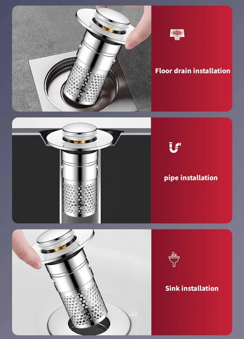 Stainless Steel Floor Drain Filter Washbasin Plug Anti Odor Pop-Up Bounce Core Basin Stopper Hair Catcher Shower Sink Strainer