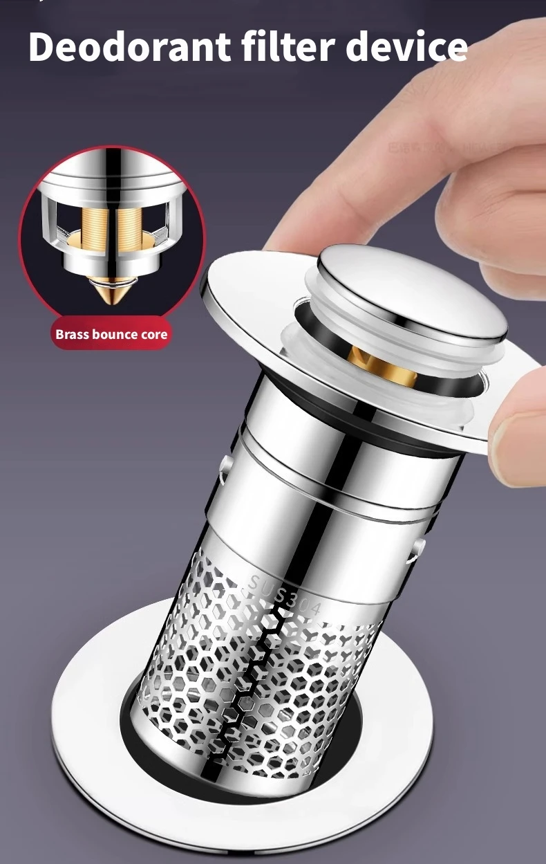 Stainless Steel Floor Drain Filter Washbasin Plug Anti Odor Pop-Up Bounce Core Basin Stopper Hair Catcher Shower Sink Strainer