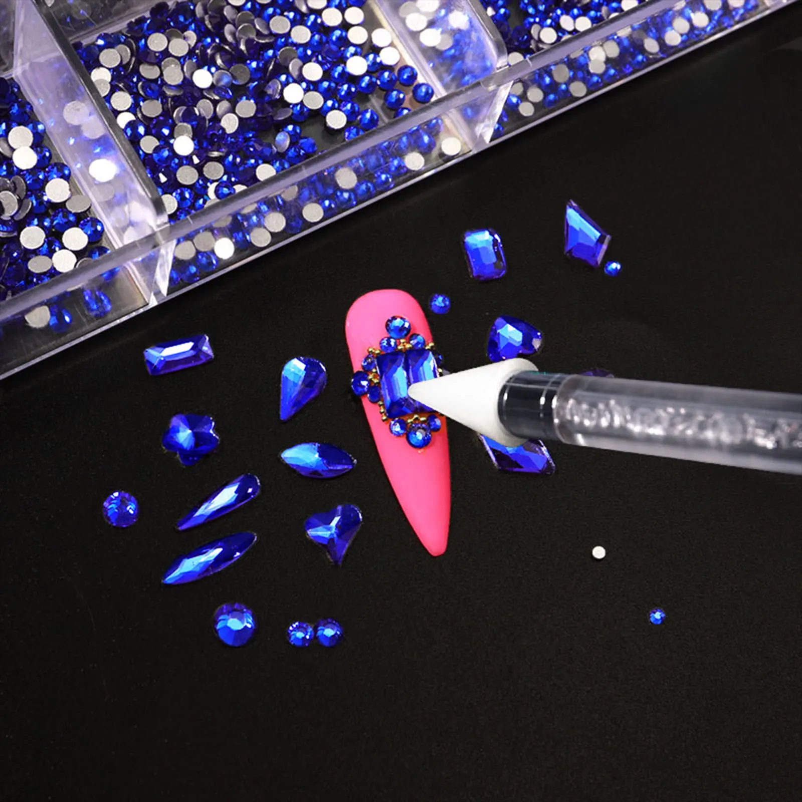 Mixed white Blue green Glass Crystal Diamond Flat Rhinestone Nail Art Decoration 21 Grid Box Nails Accessories Set With 1 Pick U