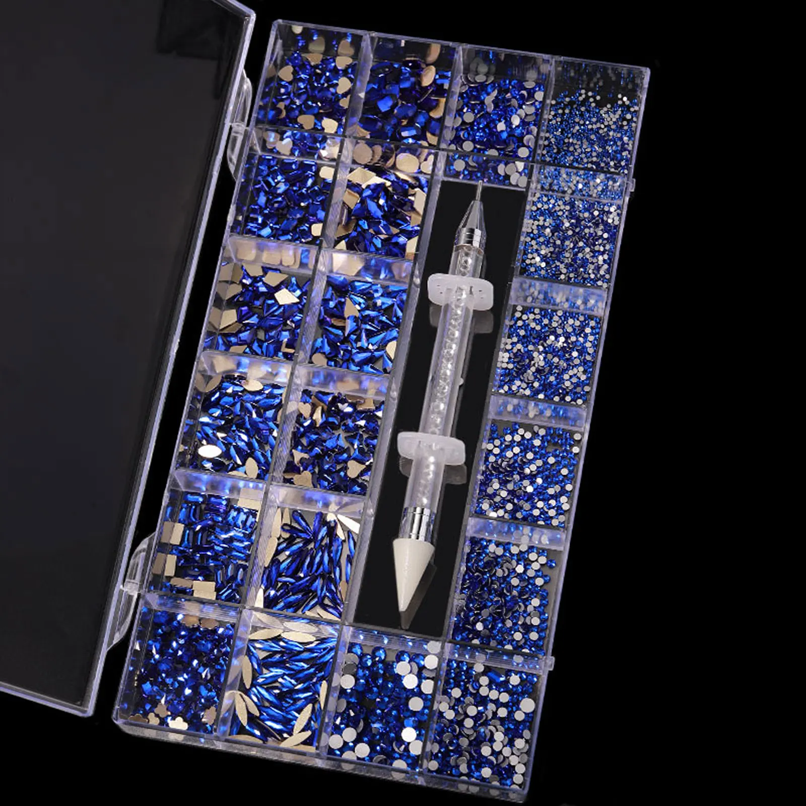 Mixed white Blue green Glass Crystal Diamond Flat Rhinestone Nail Art Decoration 21 Grid Box Nails Accessories Set With 1 Pick U
