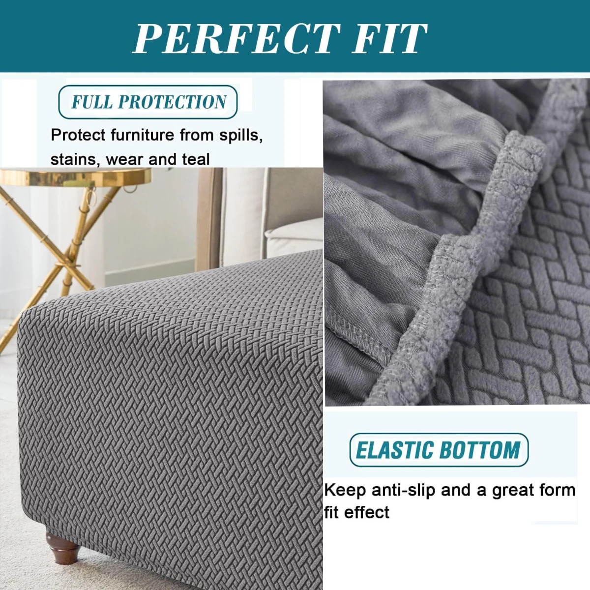 T-Shape Jacquard Square Stool Cover Ottoman Stool Cover Elastic Sofa Footrest Slipcovers for Living Room Office Home Decor
