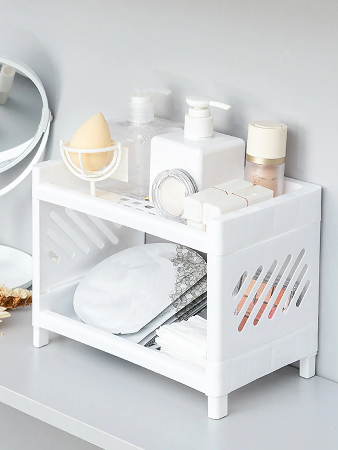 PP Desktop Double Layer Storage Rack Rectangular White Organizing Student Desk Office Cosmetics Stationery Shelf