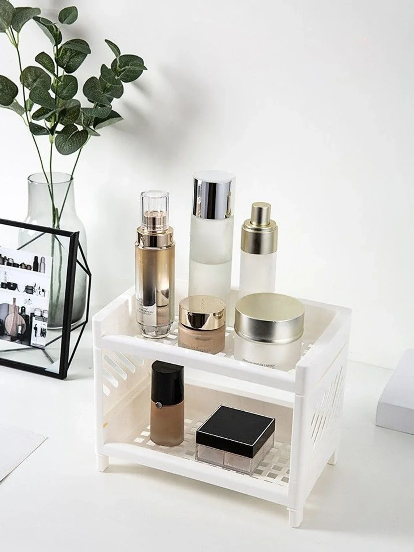 PP Desktop Double Layer Storage Rack Rectangular White Organizing Student Desk Office Cosmetics Stationery Shelf