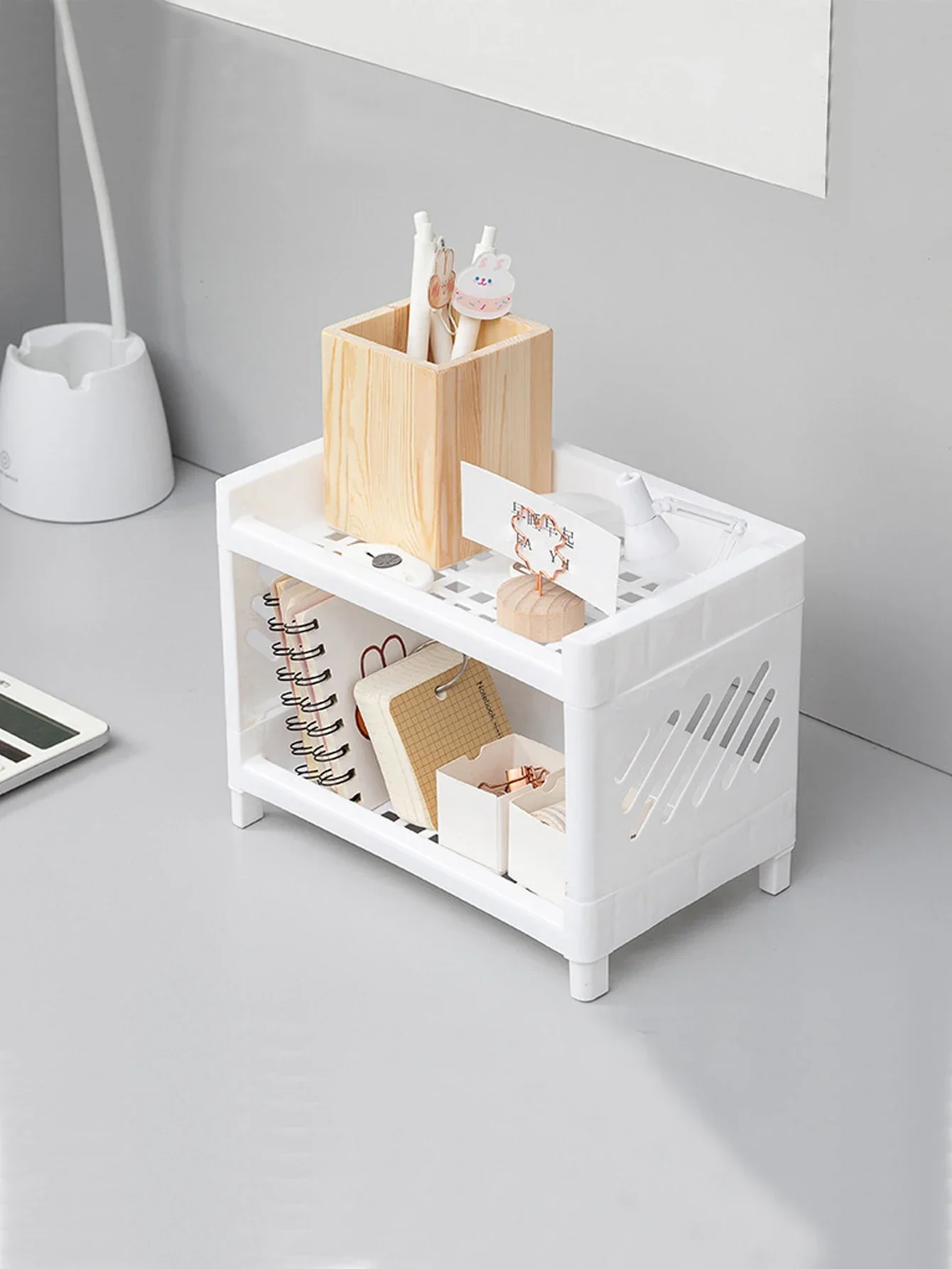 PP Desktop Double Layer Storage Rack Rectangular White Organizing Student Desk Office Cosmetics Stationery Shelf