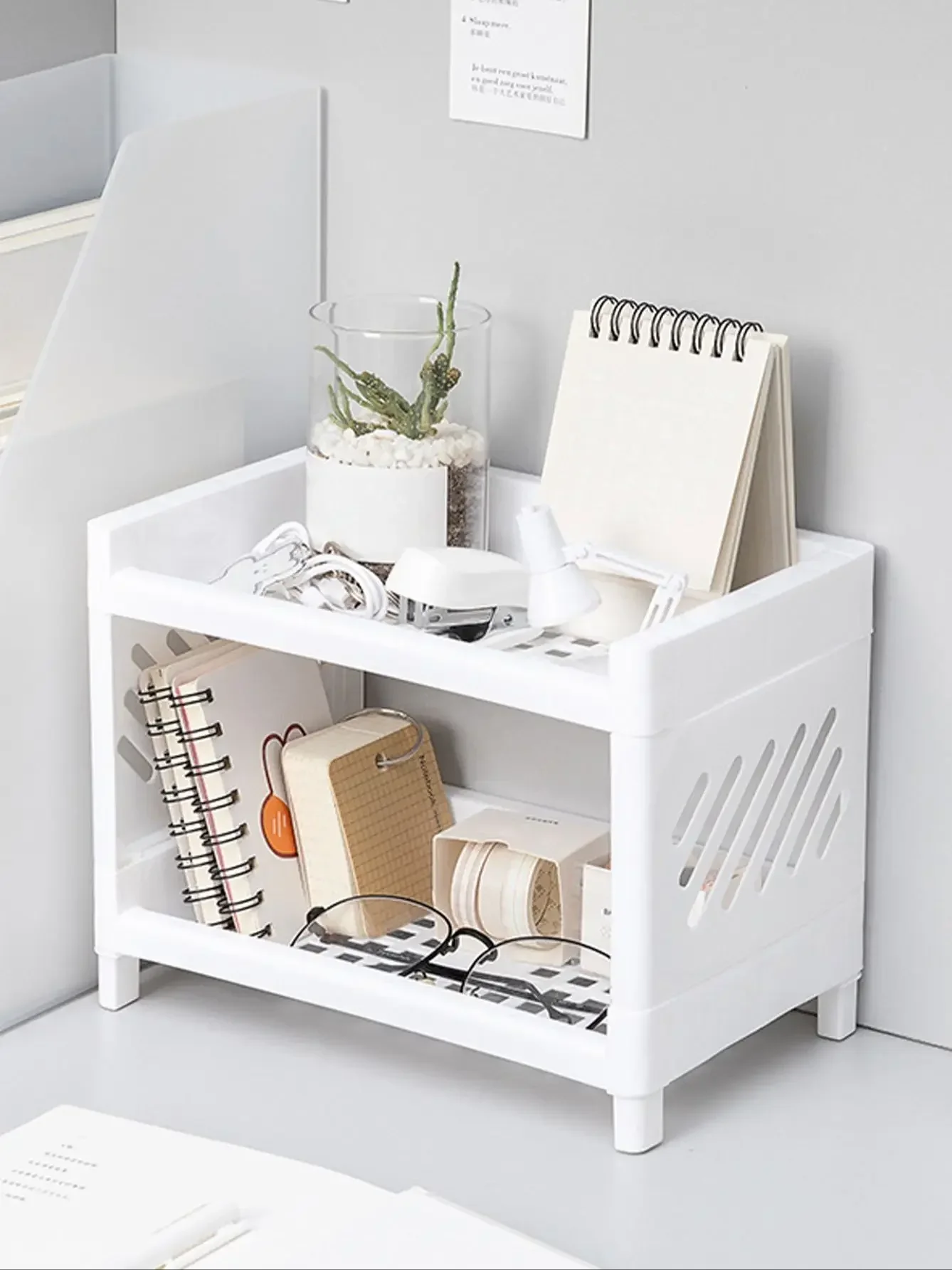PP Desktop Double Layer Storage Rack Rectangular White Organizing Student Desk Office Cosmetics Stationery Shelf