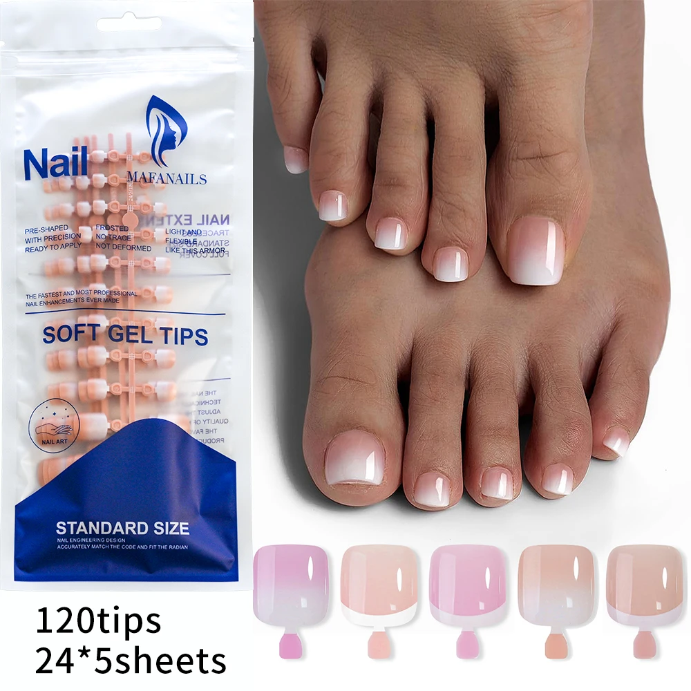 120Tips/bag French Nude Pink Press On Toe Nail Full Cover White Edge Design Acrylic False Toenail Tips Summer Toe Nail Art Decor