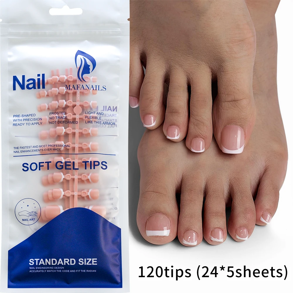 120Tips/bag French Nude Pink Press On Toe Nail Full Cover White Edge Design Acrylic False Toenail Tips Summer Toe Nail Art Decor