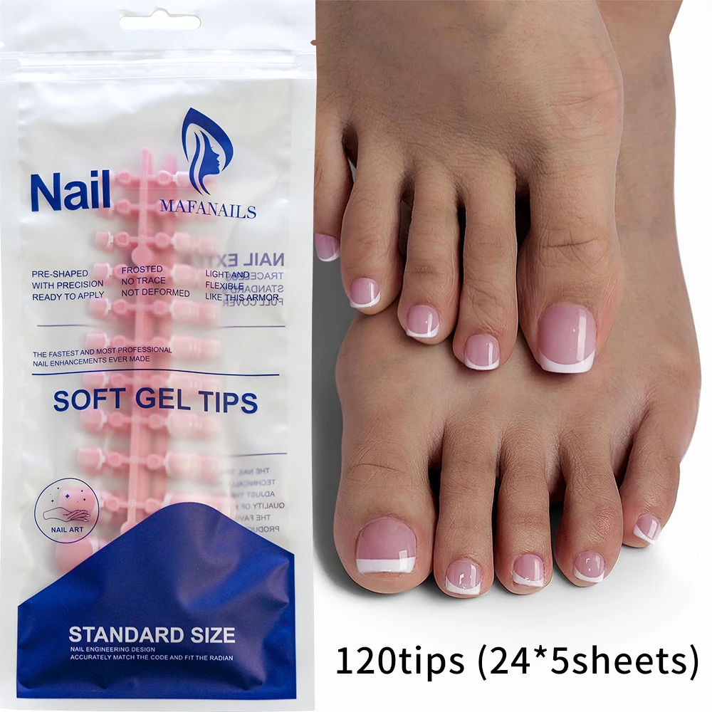 120Tips/bag French Nude Pink Press On Toe Nail Full Cover White Edge Design Acrylic False Toenail Tips Summer Toe Nail Art Decor