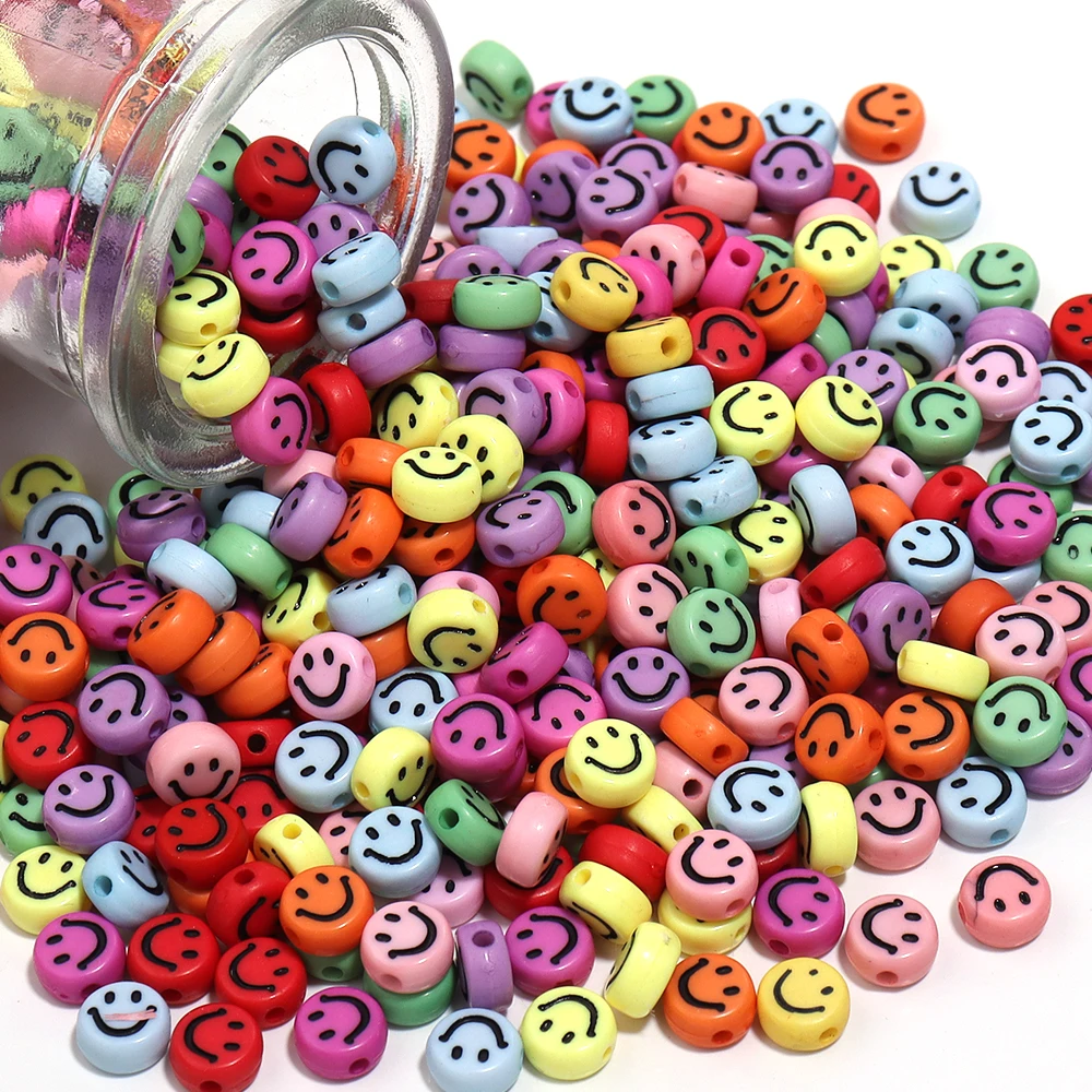 100pcs 7x3.5mm Mixed Happy Spacer Beads Happy Face Acrylic Beads For Jewelry Making Diy Bracelet Necklace Keychain Accessories