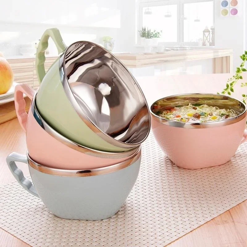 Stainless Steel Bowl with Handle Solid Color Anti Scalding Instant Noodles Mixing Bowl Kitchen Tableware Food Accessory