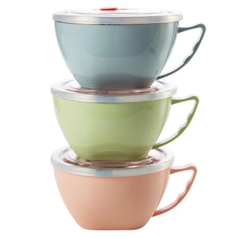 Stainless Steel Bowl with Handle Solid Color Anti Scalding Instant Noodles Mixing Bowl Kitchen Tableware Food Accessory