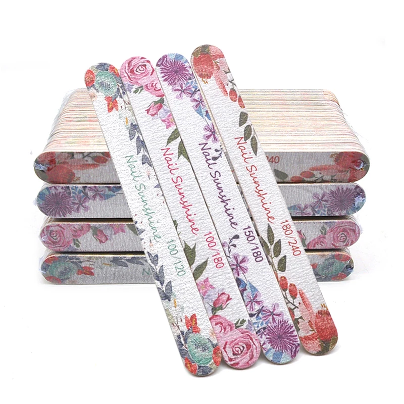 50 Pcs Flower Design Wooden Files Straight Strong Thick Professional Nail Art Files Buffer Polishing Manicure Nails Supplies