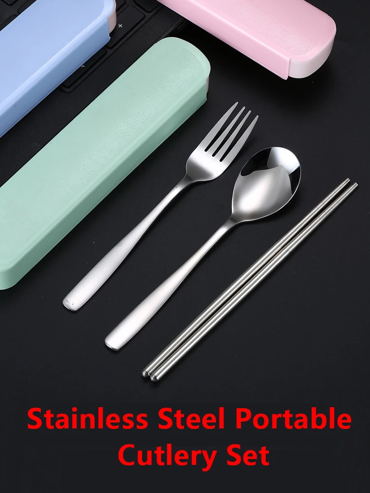 Stainless Steel Korean Spoon Fork Chopsticks 3 Piece Portable Tableware Student Outdoor Traveling Pull Out Gift Set