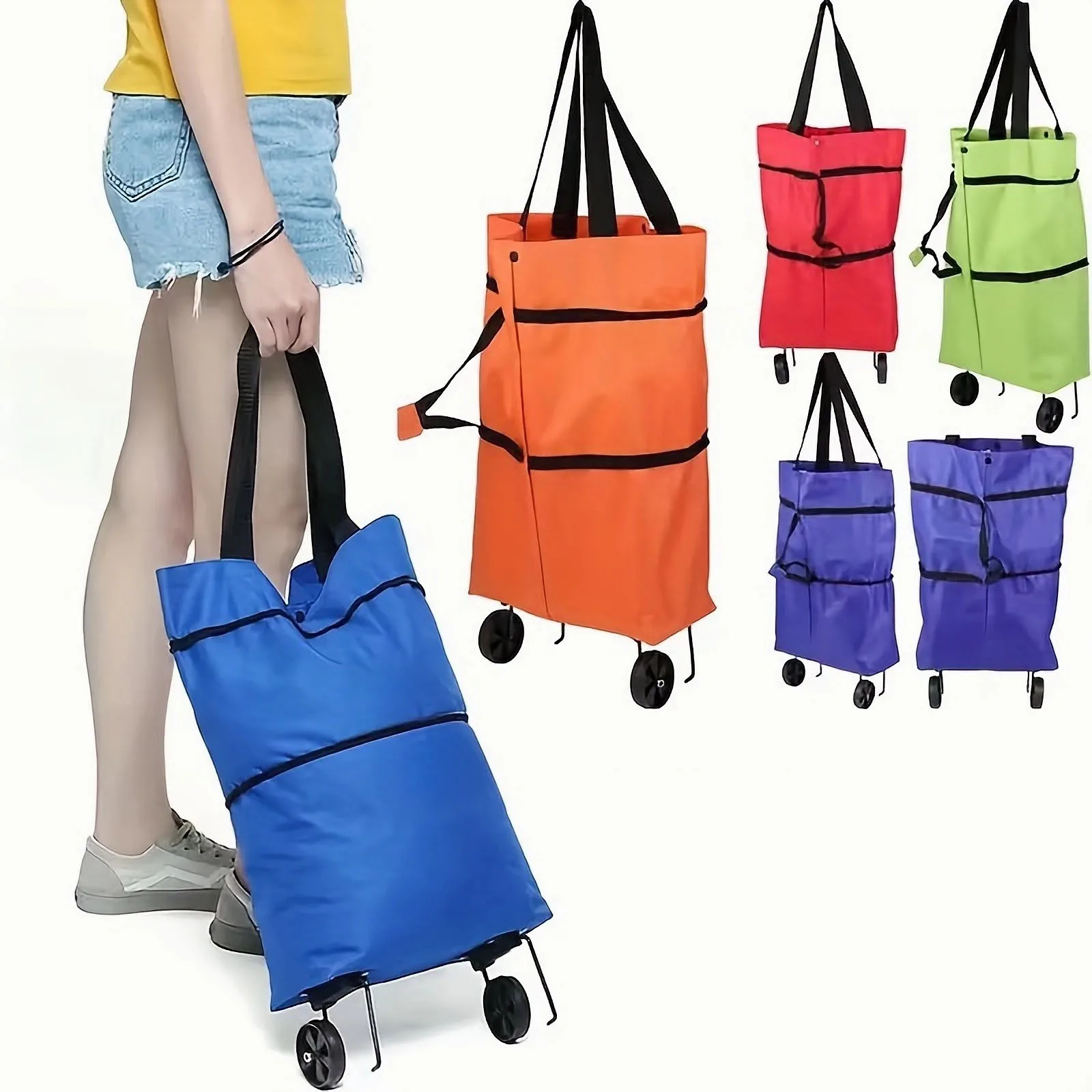 1pc Foldable Handbag, Small Trolley Large Supermarket Shopping Bag, Hand-drawn Grocery Cart Portable Bag