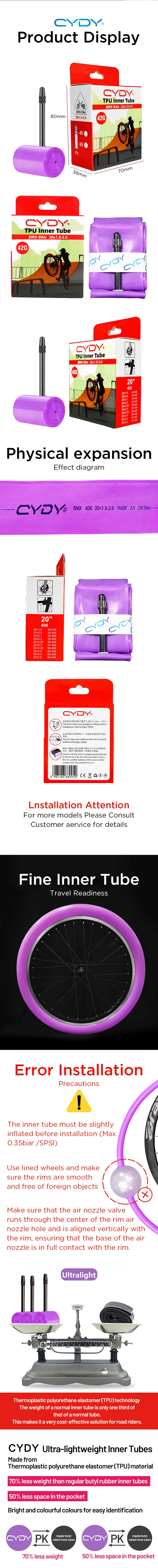 42g CYDY TPU Bike Inner Tube Camera 20' 406 20x1.9 2.0 2.1 2.2 2.25 2.3 2.35 2.4 2.5 2.6 Valve 45mm Pneu BMX Bicycle Tire Tyre