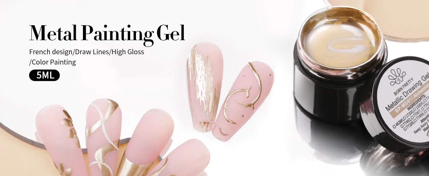 BORN PRETTY Metallic Painting Gel Nail Polish Chromes Gold Silver Metal Effect Super Bright Draw Line French Nail Gel 5ml