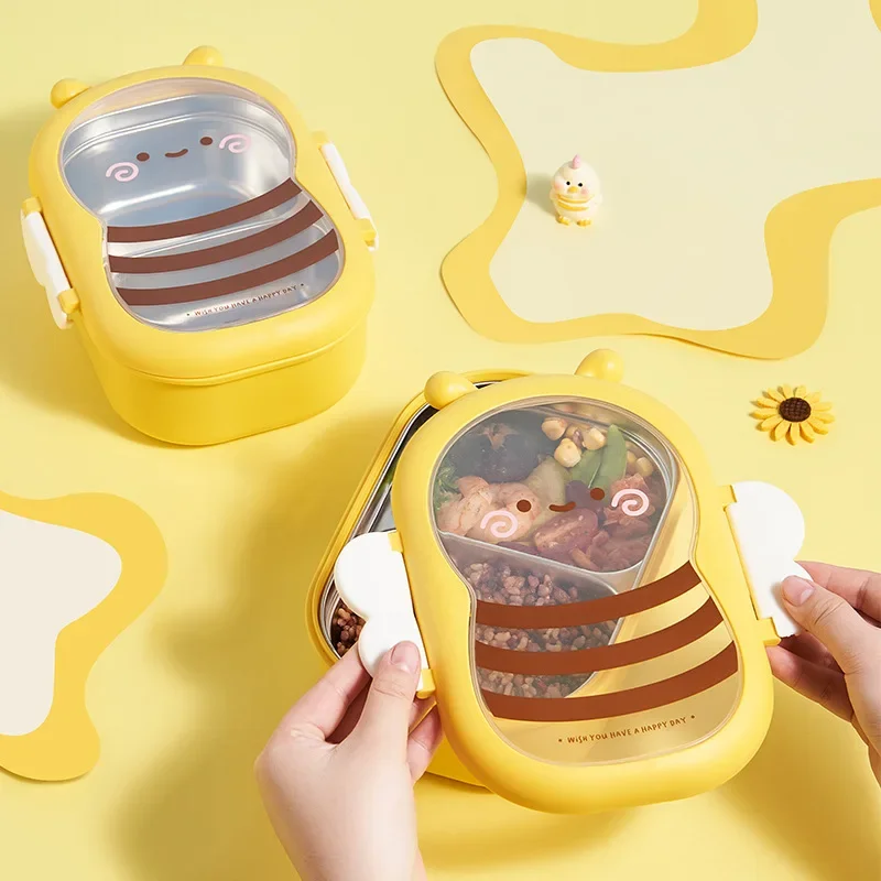Portable Lunch Box for Student Cute Bee Bento Box Outdoor Camping Picnic Baby Food Container Stainless Steel Outing Tableware