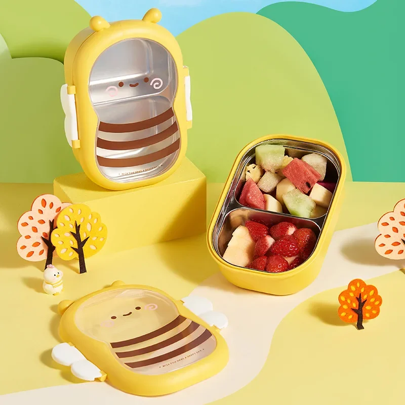 Portable Lunch Box for Student Cute Bee Bento Box Outdoor Camping Picnic Baby Food Container Stainless Steel Outing Tableware