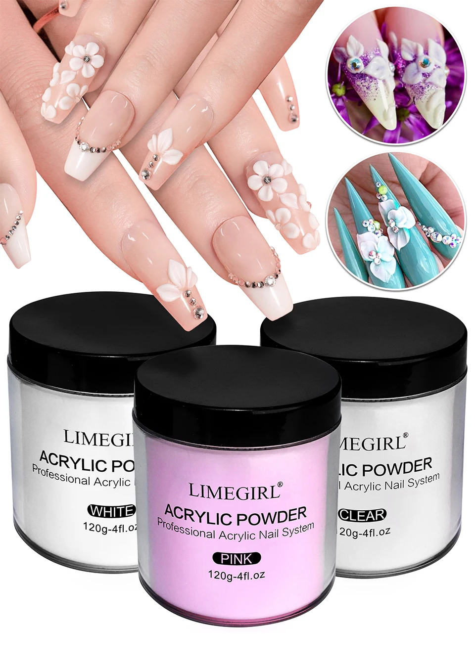 120g Acrylic Powder with Clear Pink White 3 Colors Nail Manicure Tips Nail Art Design Decoration Builder Tools