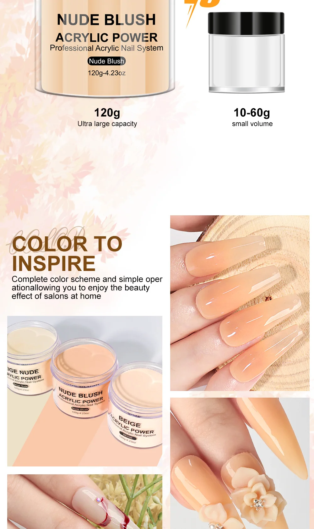 120g Acrylic Powder with Clear Pink White 3 Colors Nail Manicure Tips Nail Art Design Decoration Builder Tools