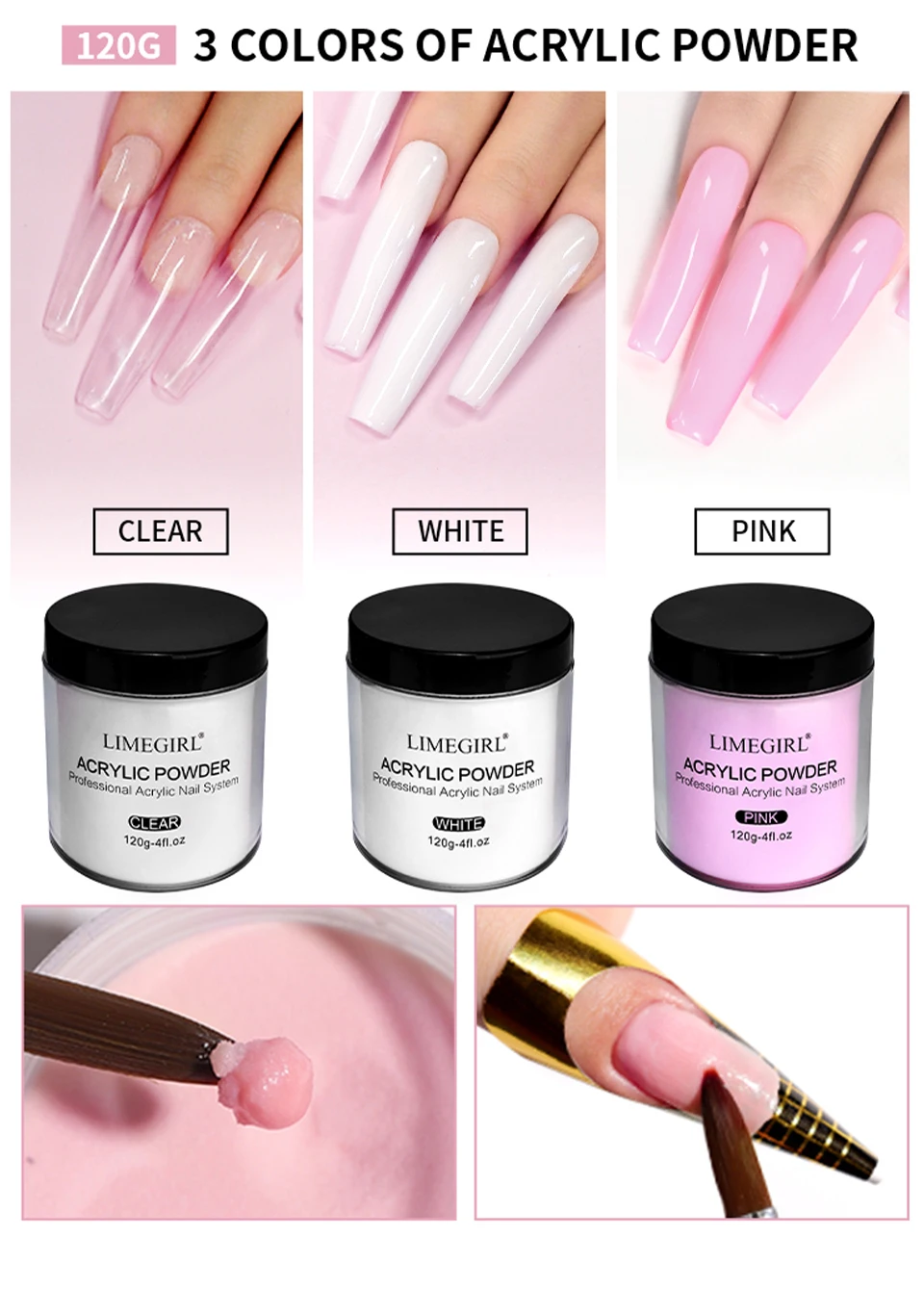 120g Acrylic Powder with Clear Pink White 3 Colors Nail Manicure Tips Nail Art Design Decoration Builder Tools
