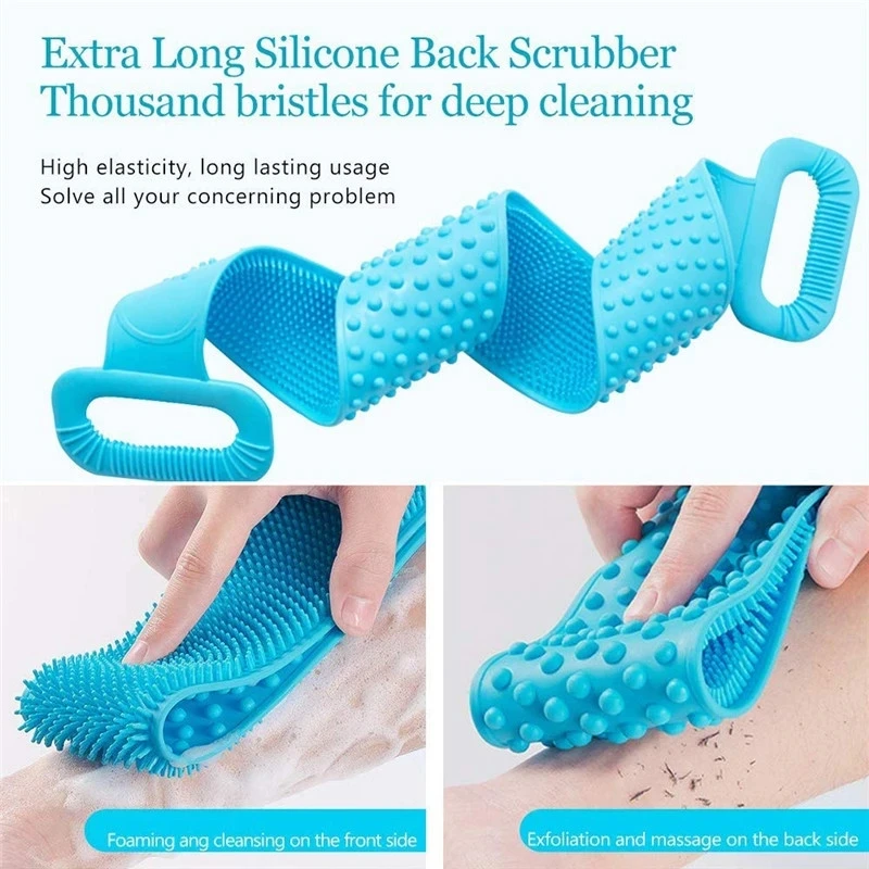 Silicone Body Scrubber Bath Brush, Exfoliating Shower Brush Bath Belt With Extra Long Strip And Handle For Easy Back Exfoliating