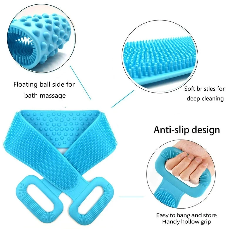 Silicone Body Scrubber Bath Brush, Exfoliating Shower Brush Bath Belt With Extra Long Strip And Handle For Easy Back Exfoliating