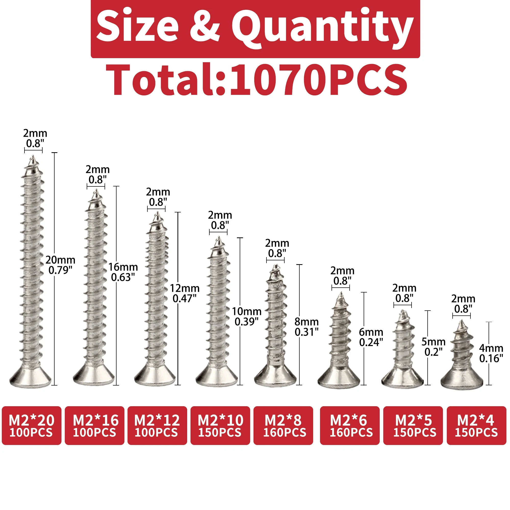 1070pcs Self Tapping Screw Assortment Kit M2 Wood Thread Nail Screw Sets Tapping Screw Assortment Kit Lock Nut Wood Thread Nail