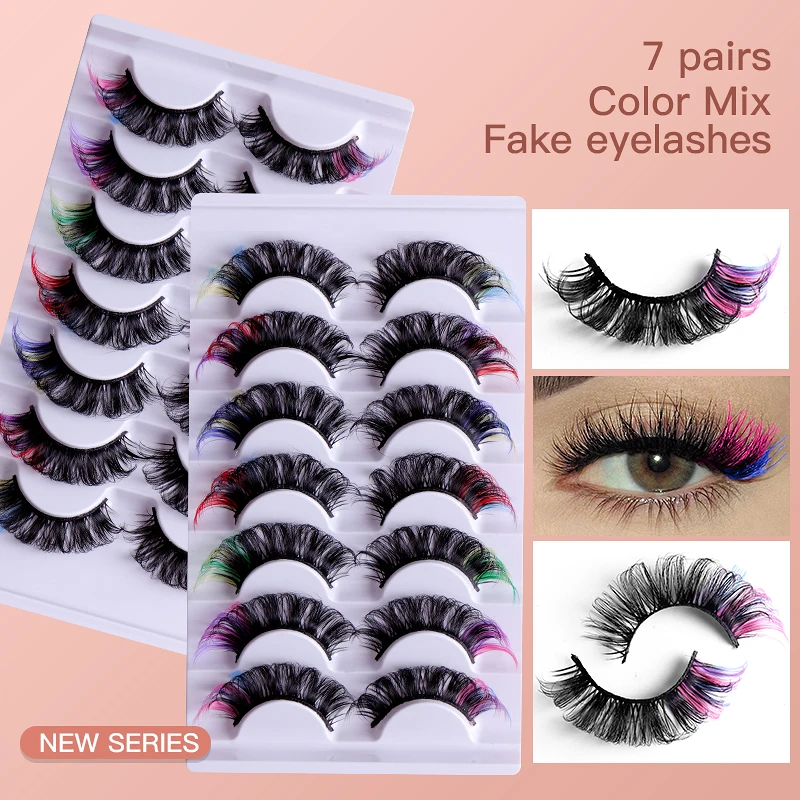 7 Pairs Colored Eyelashes Fluffy Faux Mink Lashes With Color, D Curl Volume Dramatic Long Thick Volume Fake Eye Lash