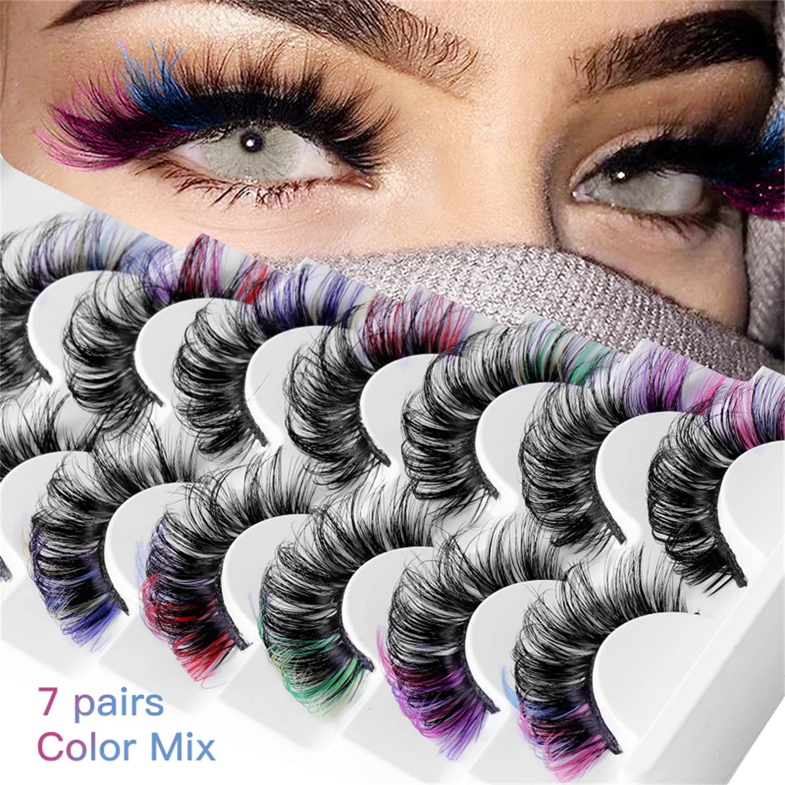 7 Pairs Colored Eyelashes Fluffy Faux Mink Lashes With Color, D Curl Volume Dramatic Long Thick Volume Fake Eye Lash