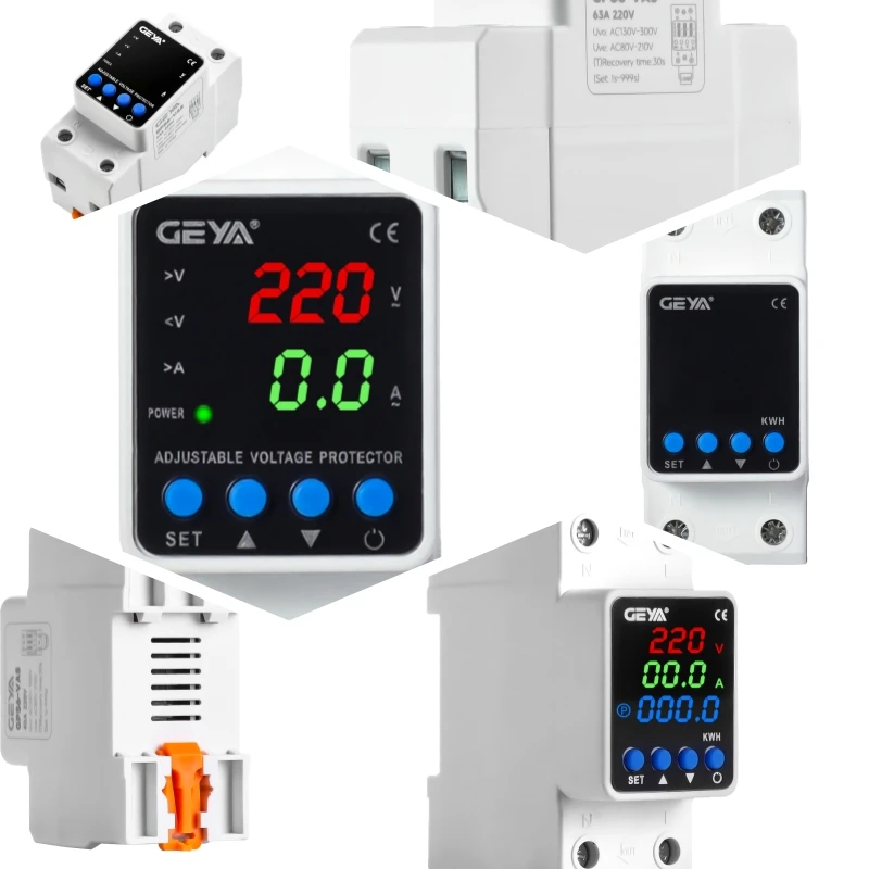 GEYA GPS6 Din Rail Adjustable Over Voltage Under Voltage Protection Device 40A 63A 80A 220VAC Digital Display Voltage Protector