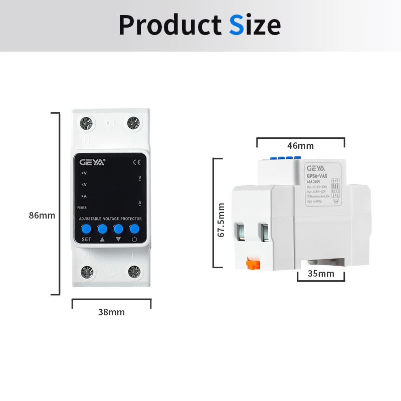GEYA GPS6 Din Rail Adjustable Over Voltage Under Voltage Protection Device 40A 63A 80A 220VAC Digital Display Voltage Protector