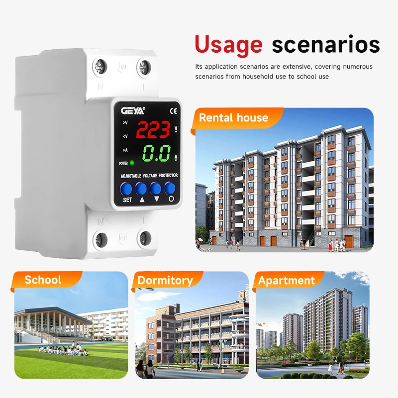 GEYA GPS6 Din Rail Adjustable Over Voltage Under Voltage Protection Device 40A 63A 80A 220VAC Digital Display Voltage Protector