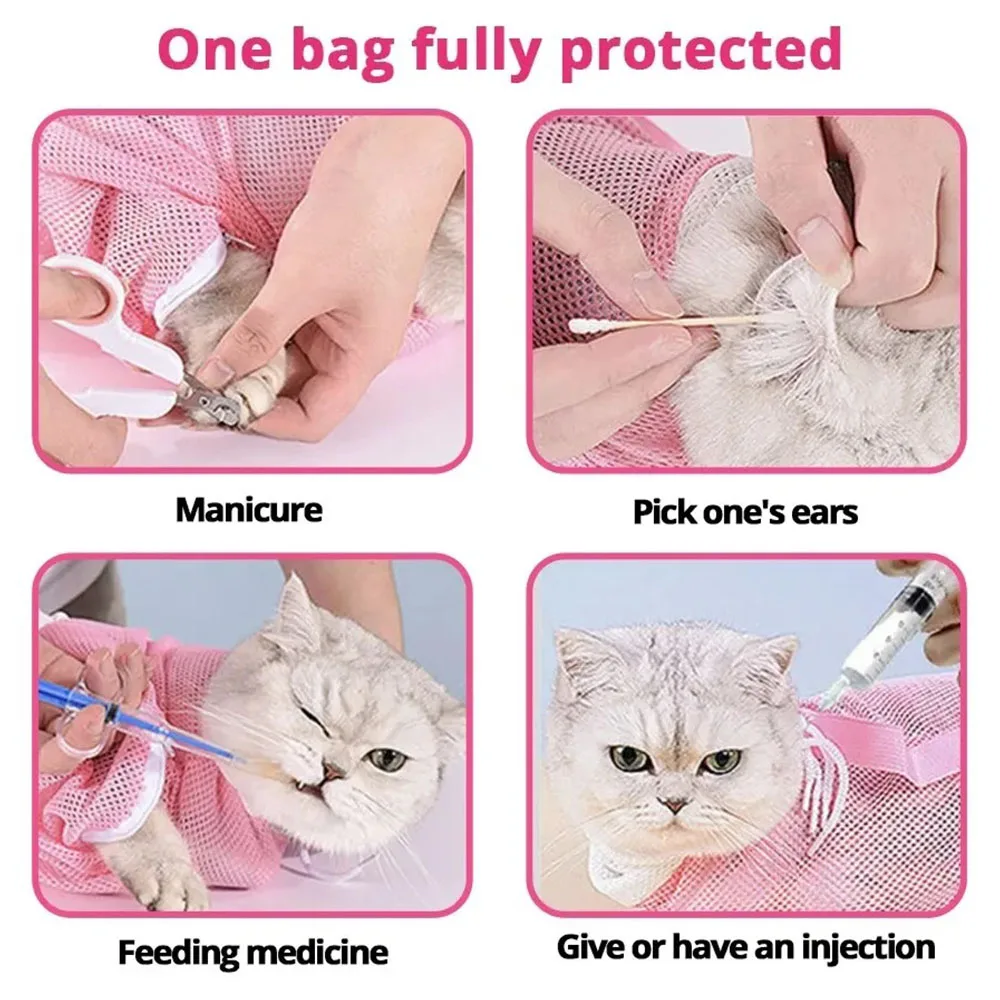 Adjustable Mesh Cat Bathing Bag Anti Scratch Cats Grooming Washing Bags for Pet Nail Trimming Injecting Cat Grooming Massage Bag