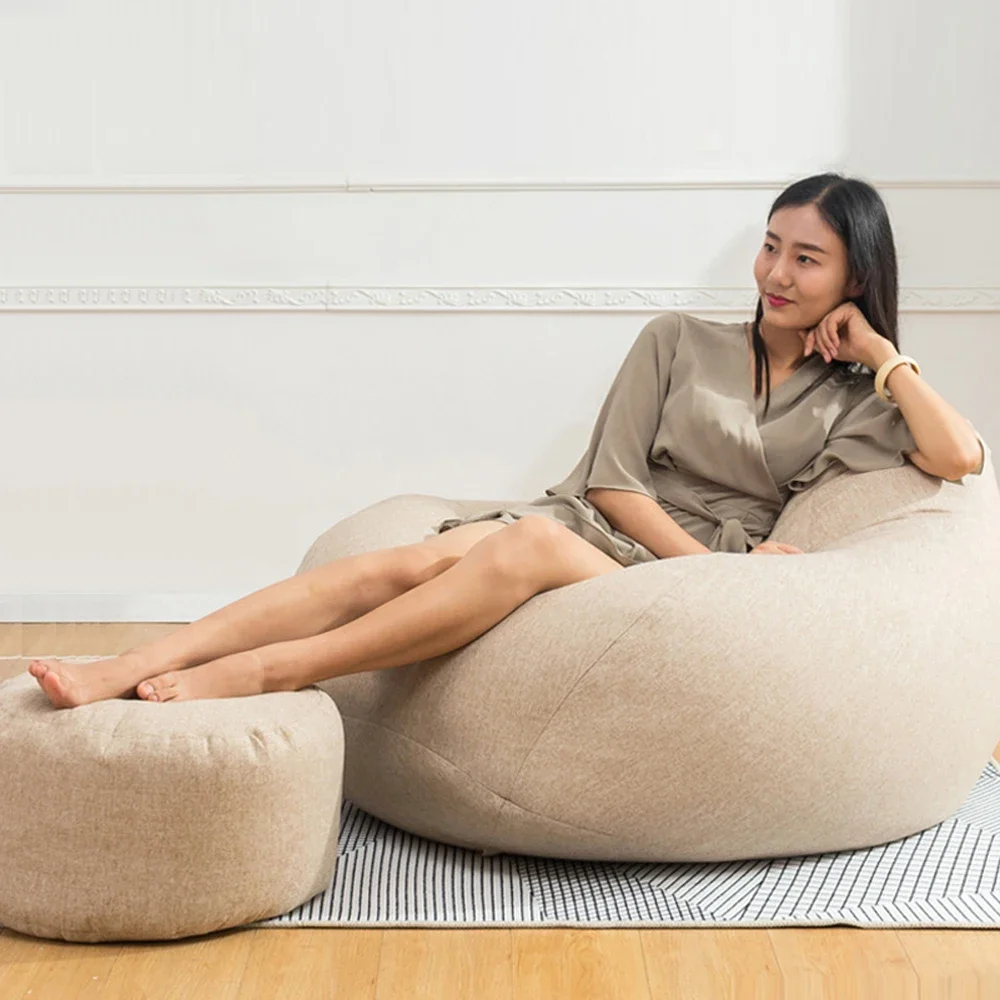 OTAUTAU Round Stool D30cm*H20cm Linen Bean Bag Ottoman with Filling Beanbag Pouf Footstool Tatami Futon Puff JD001
